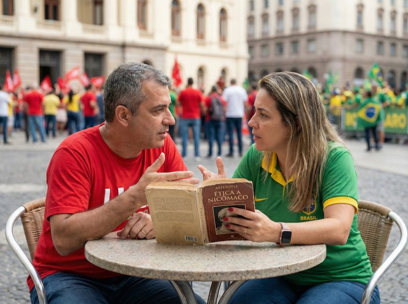 As cores que dividem o país se encontram à mesma mesa, trocando o confronto pela escuta atenta e civilizada. Sob a luz da "Ética a Nicômaco", o diálogo ressurge como a via essencial para superar os extremos da polarização nacional. A imagem lembra que, acima das paixões partidárias, a razão aristotélica pode guiar a busca pelo meio-termo virtuoso. É um retrato de esperança na capacidade humana de construir pontes e encontrar pontos de convergência em meio à divisão.